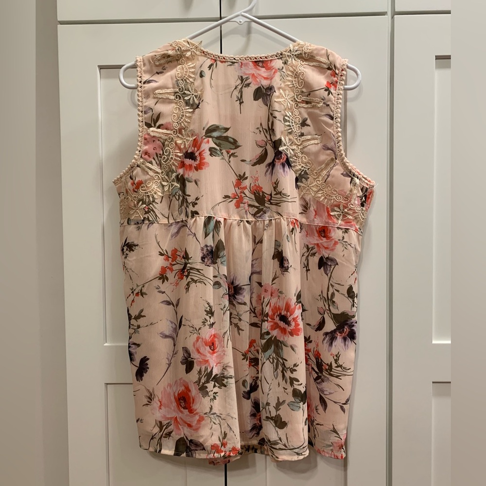 Roamans 16W Pink Angel Chiffon Blouse EUC Floral Sleeveless Lace Embroidered - Picture 5 of 13
